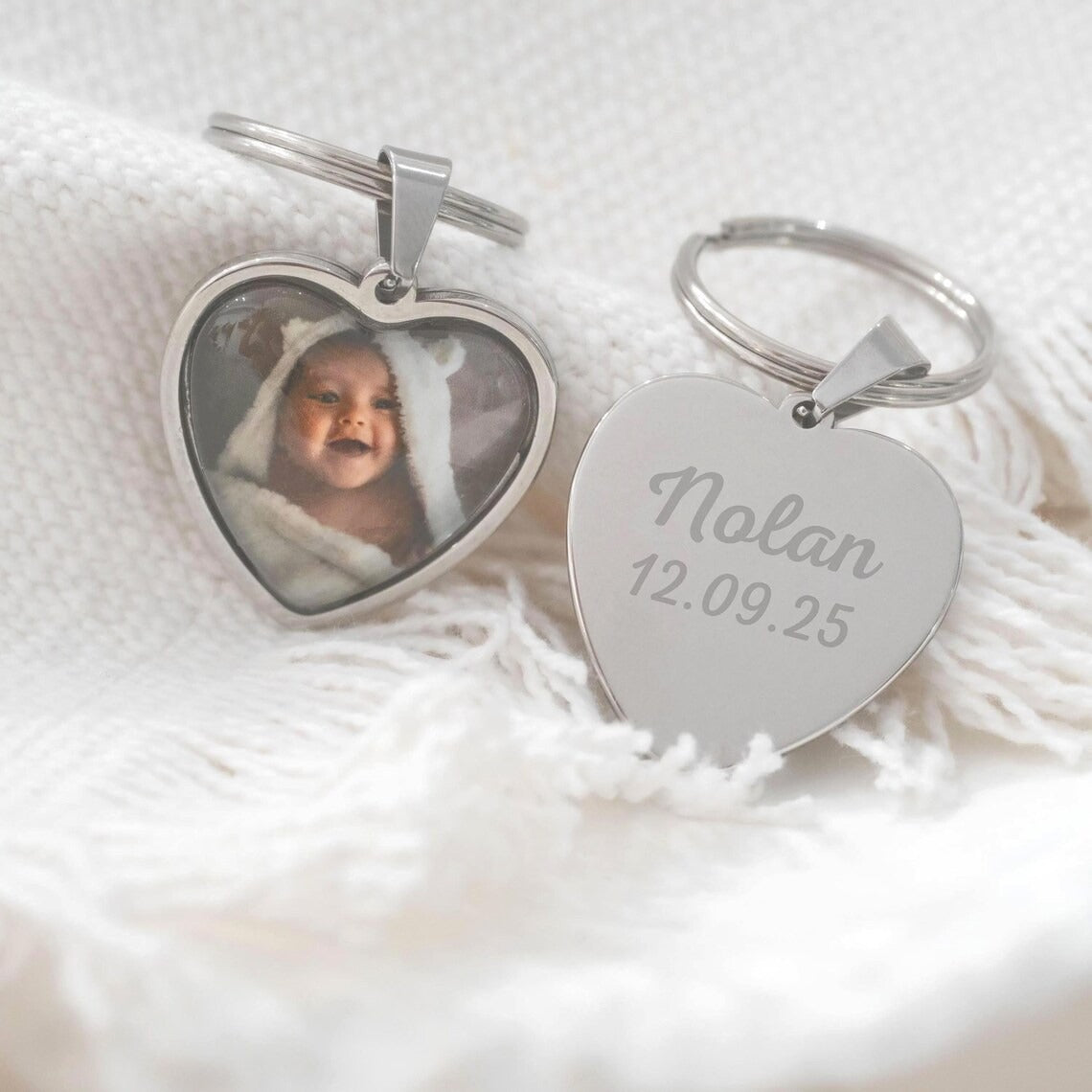 Porte-clés photo gravé médaillon cœur personnalisé